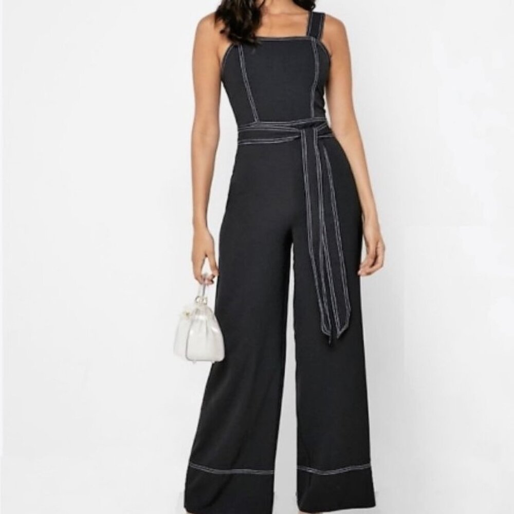 Black Contrast-Stitch Wide-Leg Tie-Belt Jumpsuit - Size S - NWOT